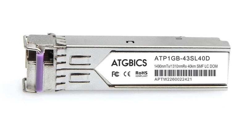 Part Number EX-SFP-GE40KT14R13-I, Juniper Compatible Transceiver SFP 1000Base-BX-D (Tx1490nm/Rx1310nm, 40km, SMF, DOM, Ind Temp), ATGBICS