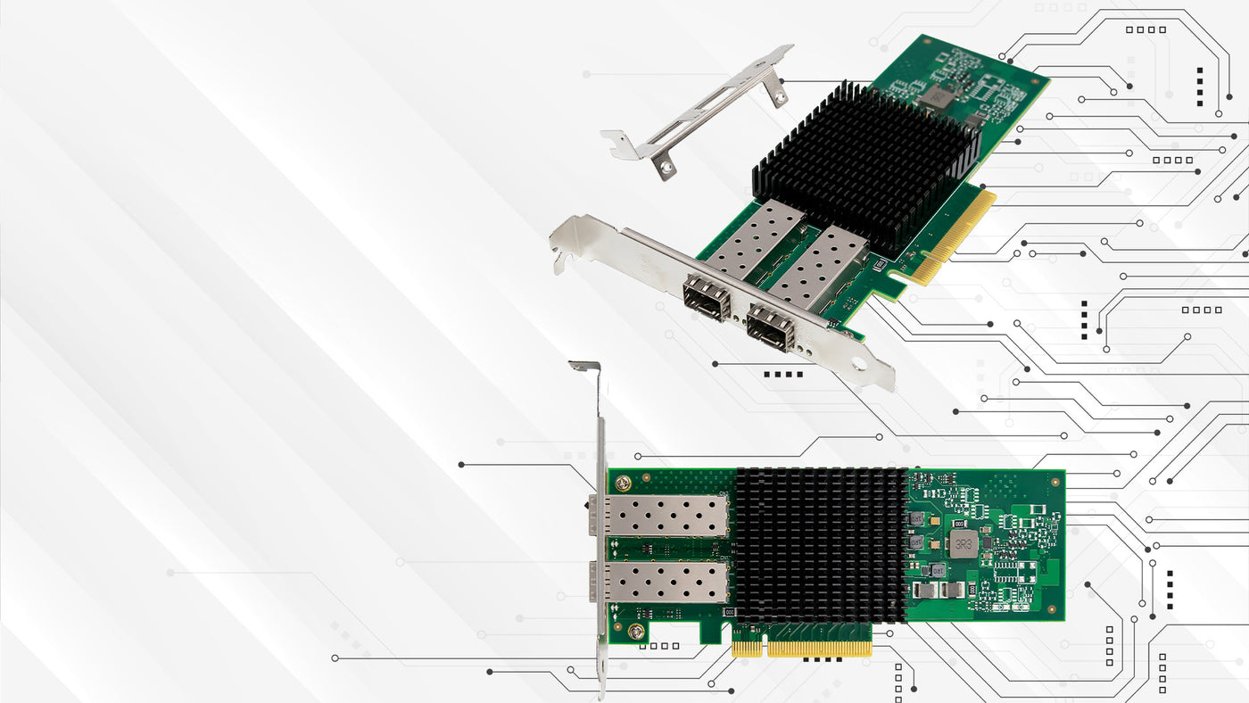 Two network interface cards on a white background with circuit design elements.