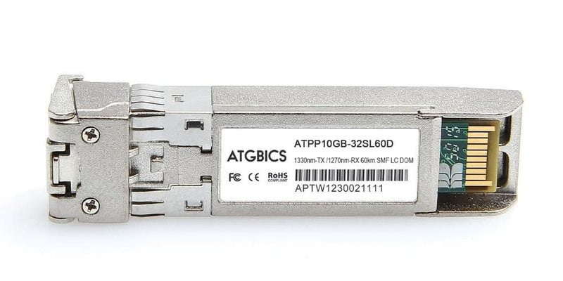 Part Number SFP10G-BX1330-60, ZyXEL® Compatible Transceiver SFP+ 10GBase-BX-D (Tx1330nm/Rx1270nm, 60km, SMF, DOM), ATGBICS