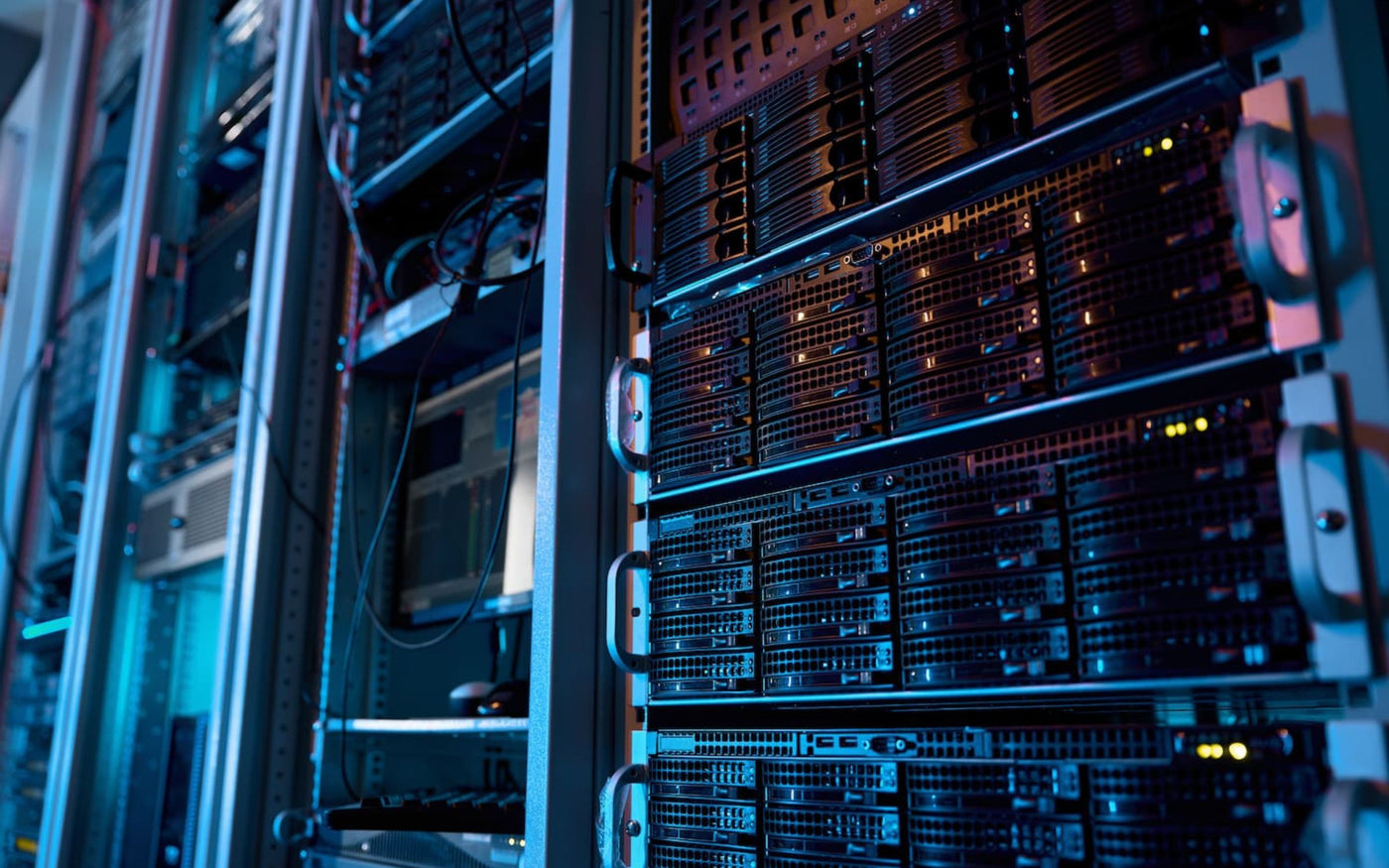 Close up of a server rack filled with server hardware