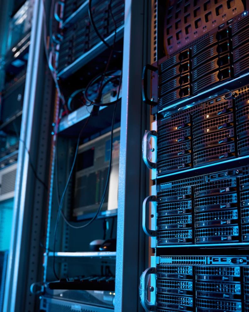 Close up of a server rack filled with server hardware